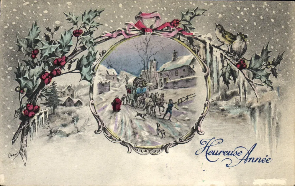 Glückliches Neues Jahr — schneebedecktes Dorf mit Kutsche — Éd. L. M. Brochier, Paris, Serie N° 25 - Vorderseite