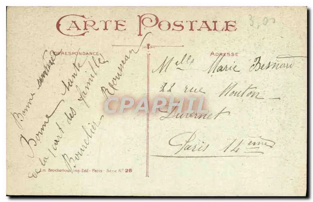 Glückliches Neues Jahr — schneebedecktes Dorf mit Kutsche — Éd. L. M. Brochier, Paris, Serie N° 25 - Rückseite