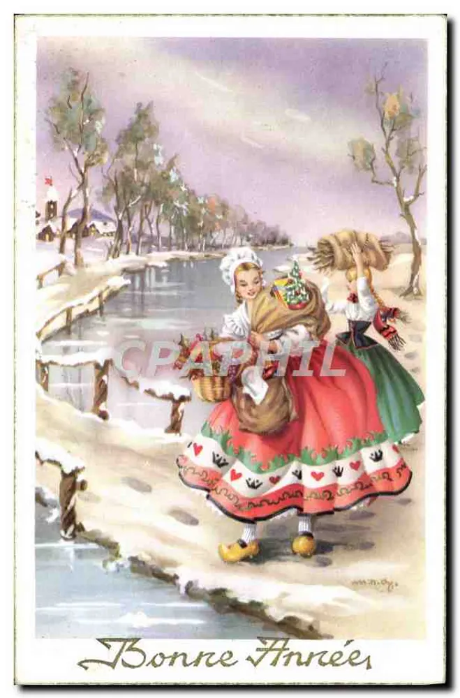 Zwei junge Mädchen in folkloristischer Kleidung neben einem gefrorenen Teich — Editions Univers, Paris, Nr. 450 - Vorderseite