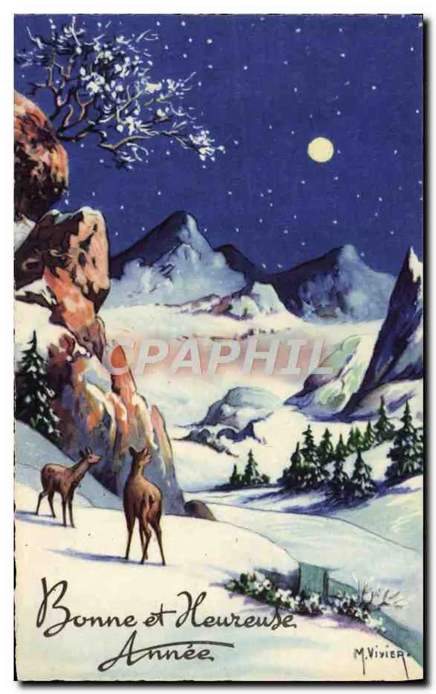Schneebedeckte Berge unter dem Mond — Frohes Neues Jahr — M. Vivier - Vorderseite