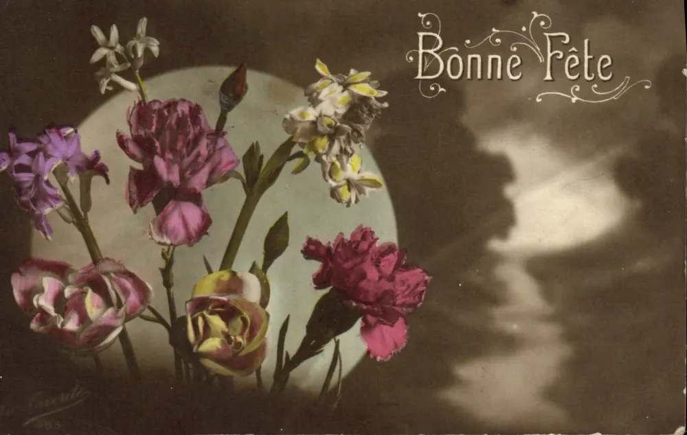 Blumen und Mond — Frohe Geburtstagskarte — Faverolte, Nr. 383 - Vorderseite