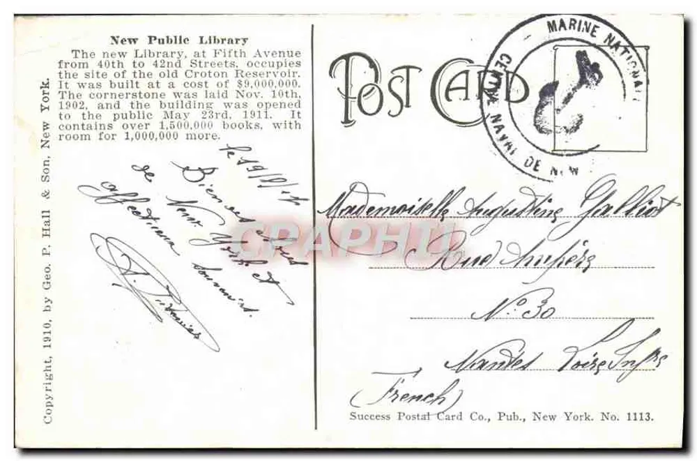 Bibliothèque publique de New York — vue de l'édifice à l'angle de 5e Avenue et 40e Rue — éditeur Success Postal Card Co. n° 1113 - Verso