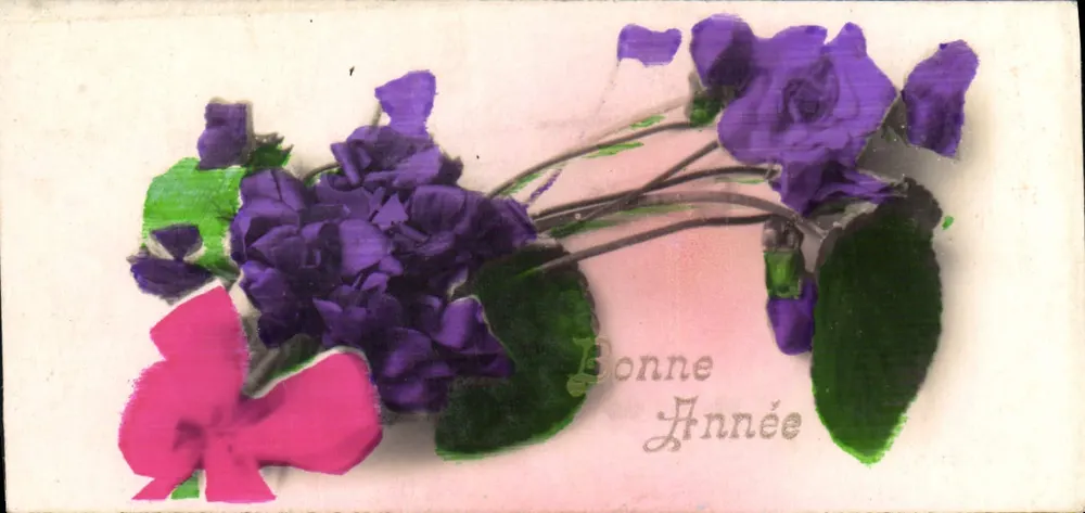 Fioletki — Szczęśliwy Nowy Rok — Dekoracyjna kartka pocztowa - Awers