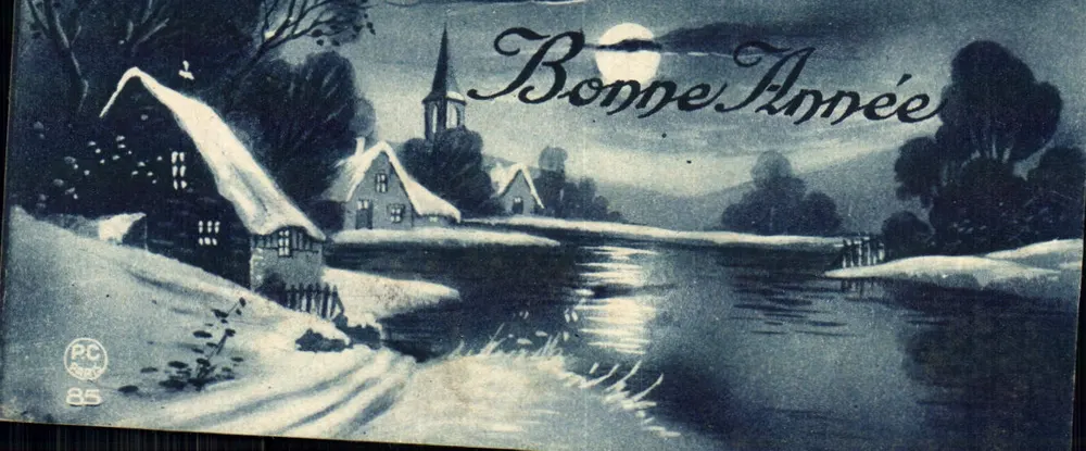 Schneebesetztes Dorf unter dem Mond — Frohes Neues Jahr — PC 85 - Vorderseite