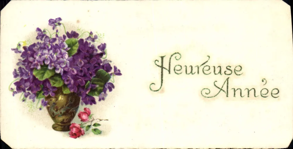Bouquet de violettes — vase orné — texte 'Heureuse Année' — éditeur non visible - Awers