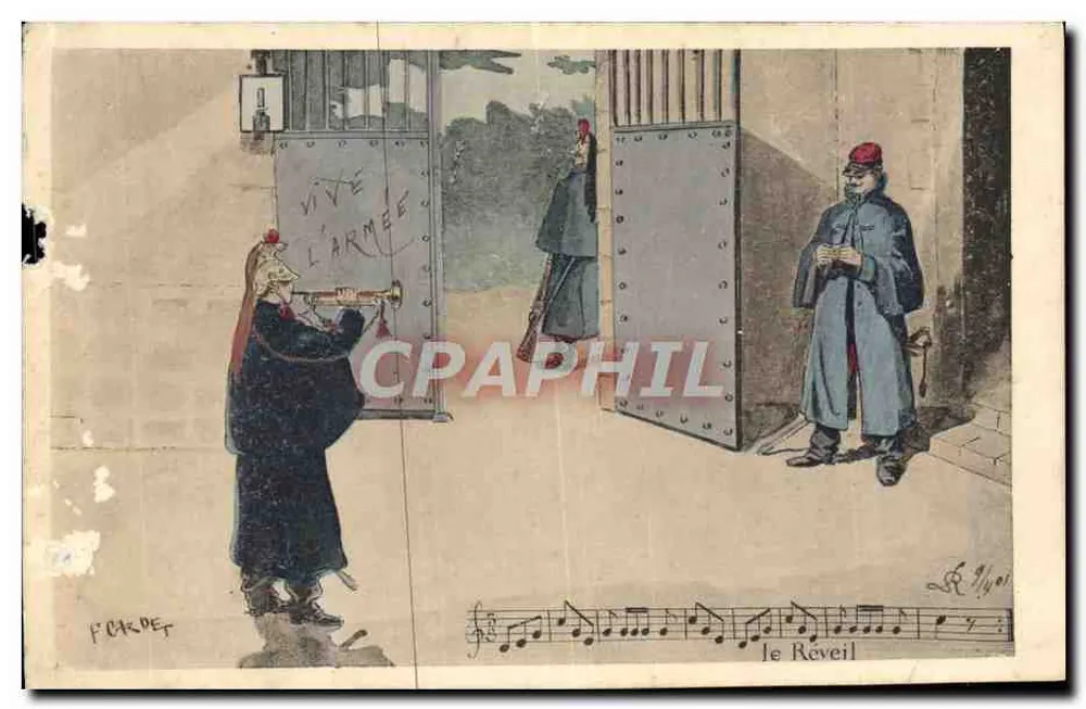 Soldat jouant du cor devant une porte — scène de réveil militaire — éditeur FORCADE - Frente
