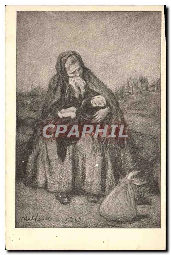 Frau in Trauer, die ein Kind hält — Gravur von M. Melflane, 1913 — veröffentlicht von der Französischen Nationalen Hilfsaktion - Vorderseite