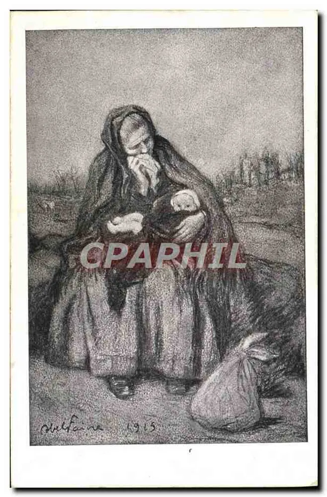 Mulher com criança — gravura assinada Chilfane 1913 — editora não visível - Frente