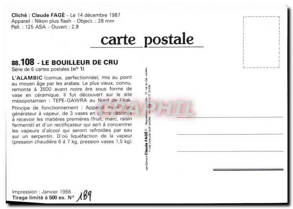L'Alambic de Cru — appareil à vapeur — Claude FAGÉ, série 6 n°1 - Verso