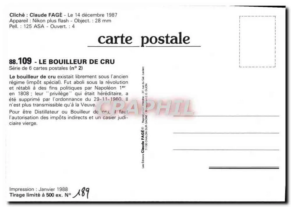 Der Destillateur — Serie von 6 Ansichtskarten (Nr. 2) — Claude FAGÉ - Rückseite