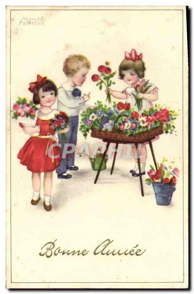 Crianças com buquê de flores — Boa Ano — Hannes Petersen - Frente