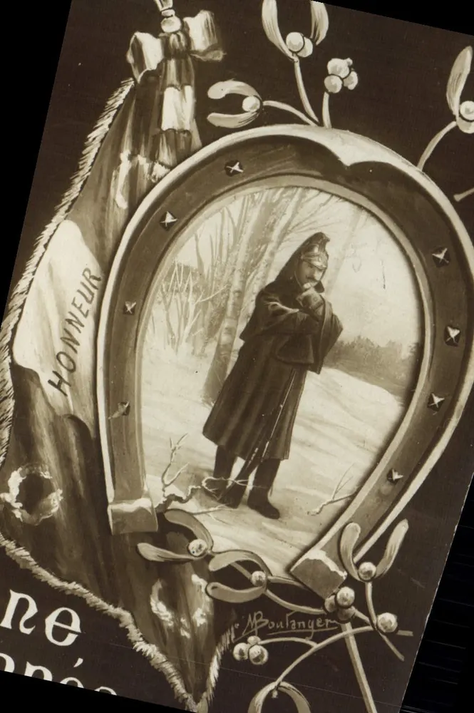 Soldat in Uniform — in einem Rahmen mit Efeu — Zeichnung von M. Boulanger - Vorderseite