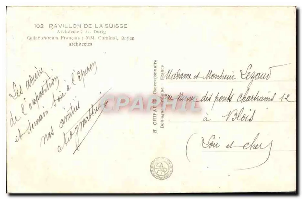 Exposição Internacional de Paris 1937 — Pavilhão da Suíça — Editor: H. Chipa - Verso
