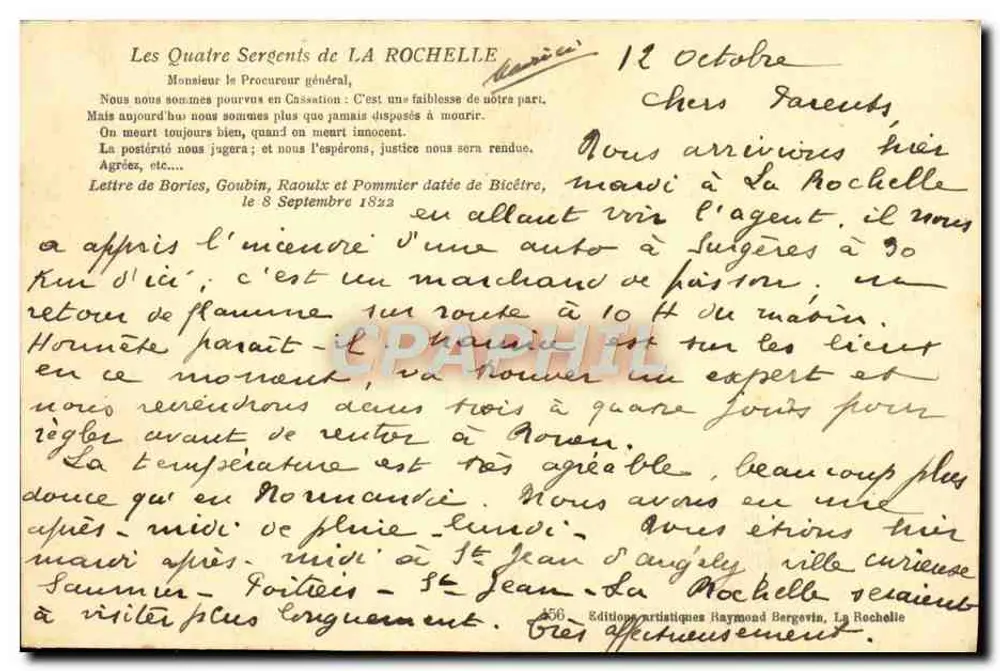 Die vier Sergeanten von La Rochelle — Brief von Bories, Goubin, Raoulx und Pommier — Raymond Bergevin Künstleredition, La Rochelle - Rückseite