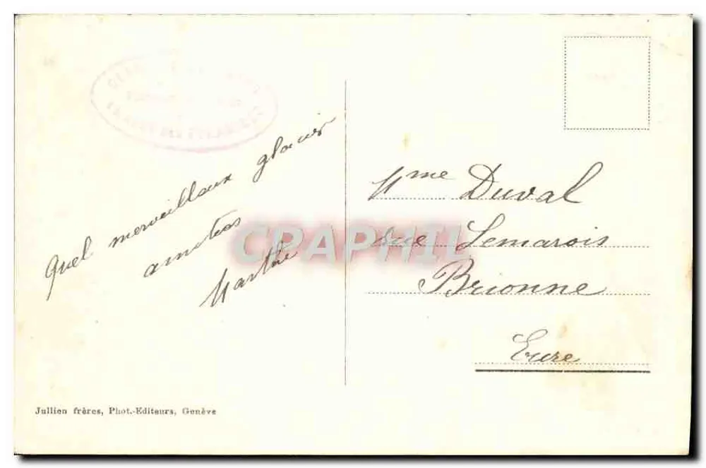 Chamonix vista dal Glacier Supérieur des Bossons — J. J. 7707 — Juillien frères, Ginevra - Verso