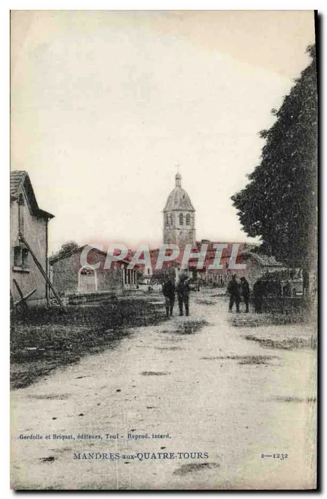 Mandres-aux-Quatre-Tours — vista da rua com igreja — Gerdolle e Briquet, editores, Toul - Reprad, Interd. n° 1232 - Frente