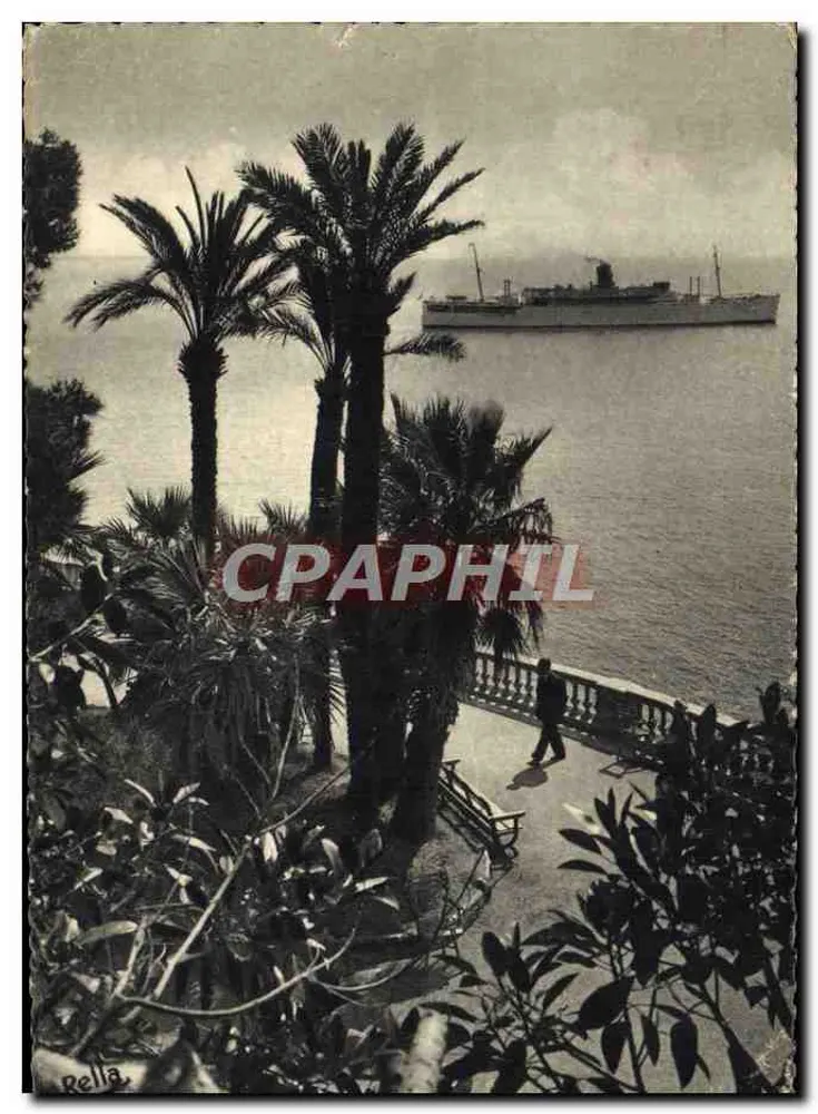 Ausblick auf die Côte d'Azur — Kai mit Palmen und Dampfschiff auf See — Verlag Rella - Vorderseite