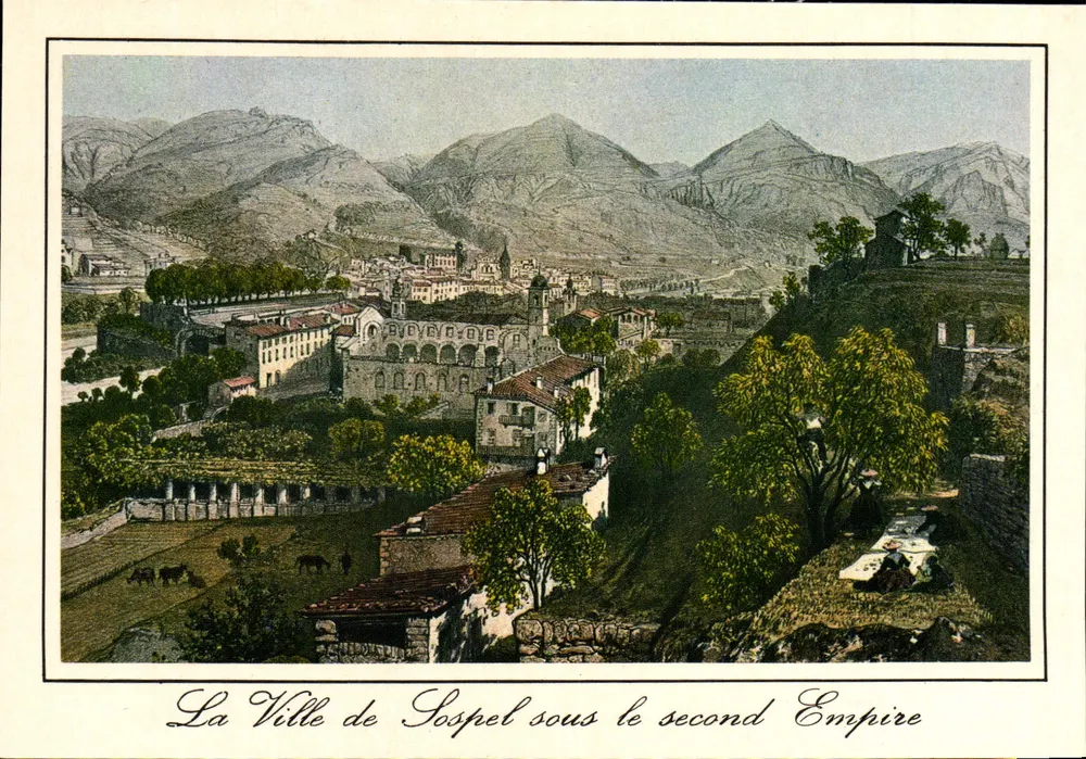 De Stad Sospel onder het Tweede Keizerrijk — Lithografie van Félix Benoist en Eugène Ciceri — Carterie Occitane Toulouse - Voorkant