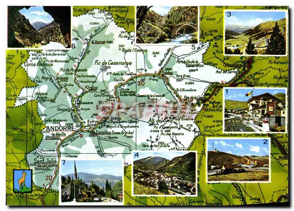 Andorra — Touristische Ansichtskarte mit Topografiekarte und Fotos — Verlag RAPAP - Vorderseite