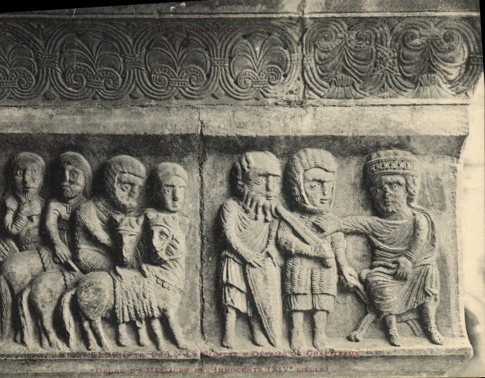 Elne (Pyrénées-Orientales) - Der Cloister - Details der Kapitelle - Ordnung des Massakers der Unschuldigen (14. Jahrhundert) - Vorderseite