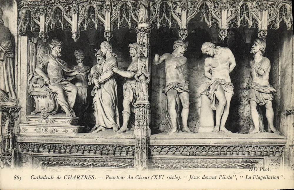 Cathédrale de CHARTRES — Pourtour du Chœur (XVIe siècle). « Jésus devant Pilate », « La Flagellation » — ND Phot. - Recto