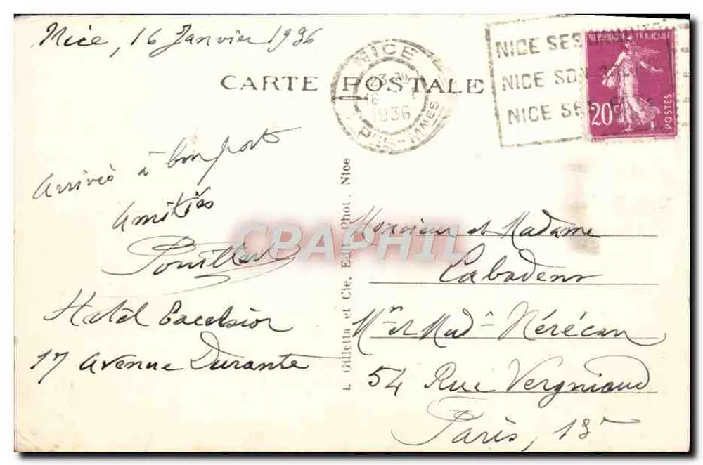 Nice — Entrada da Promenade dos Ingleses — Paris XIII, Nollent, n°89 - Verso
