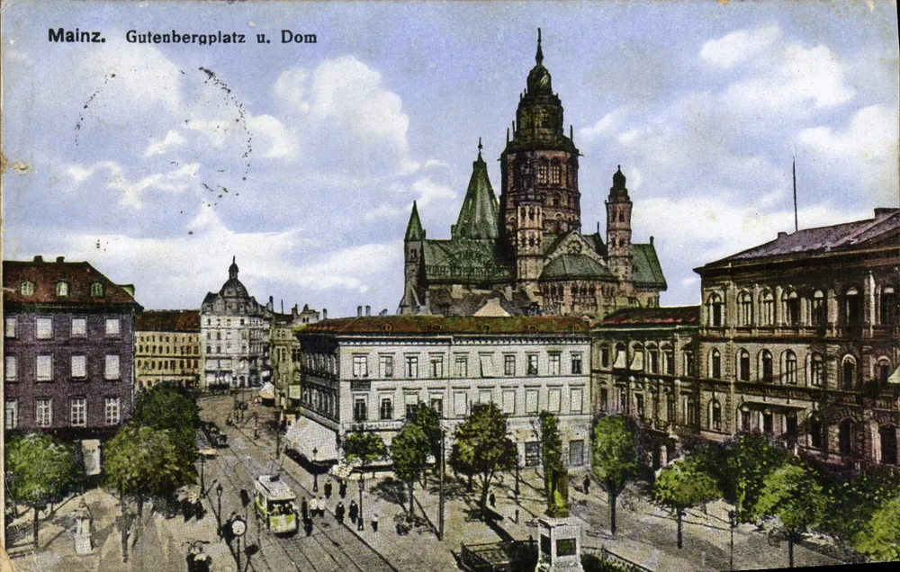 Mainz. Gutenbergplatz e Piazza do Duomo — vista panorâmica com a catedral e a praça, editor não identificado - Frente