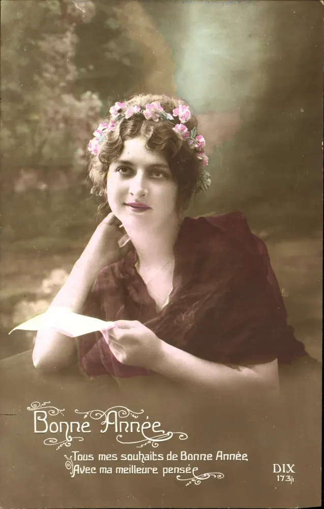 Junge Frau mit Blumenschmuck — Neujahrsgruß — Verlag DIX, n° 173 - Vorderseite