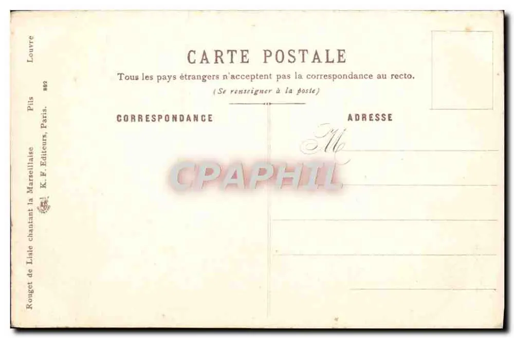 Liaïe cantando la Marcellaise — escena histórica — editor K. F. Editeurs, París, n° 882 - Reverso
