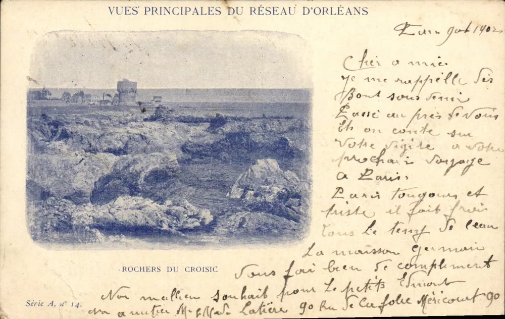 Rochers du Croisic — vue côtière avec édifice en arrière-plan — VUES PRINCIPALES DU RÉSEAU D'ORLÉANS, Série A, n° 14 - Vorderseite