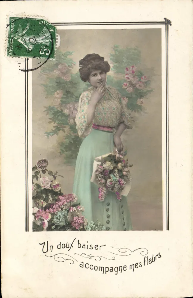 Frau mit Blumenstrauß — gedruckter und handschriftlicher Text — Verleger G. Pater - Vorderseite
