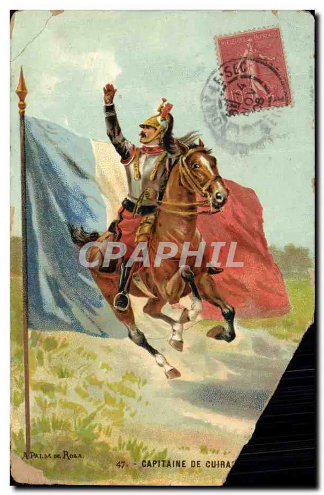 Capitaine de cuirassé — cavalier en armure brandissant un drapeau tricolore — éditeur A. Palm de Rosa, n° 47 - Frente