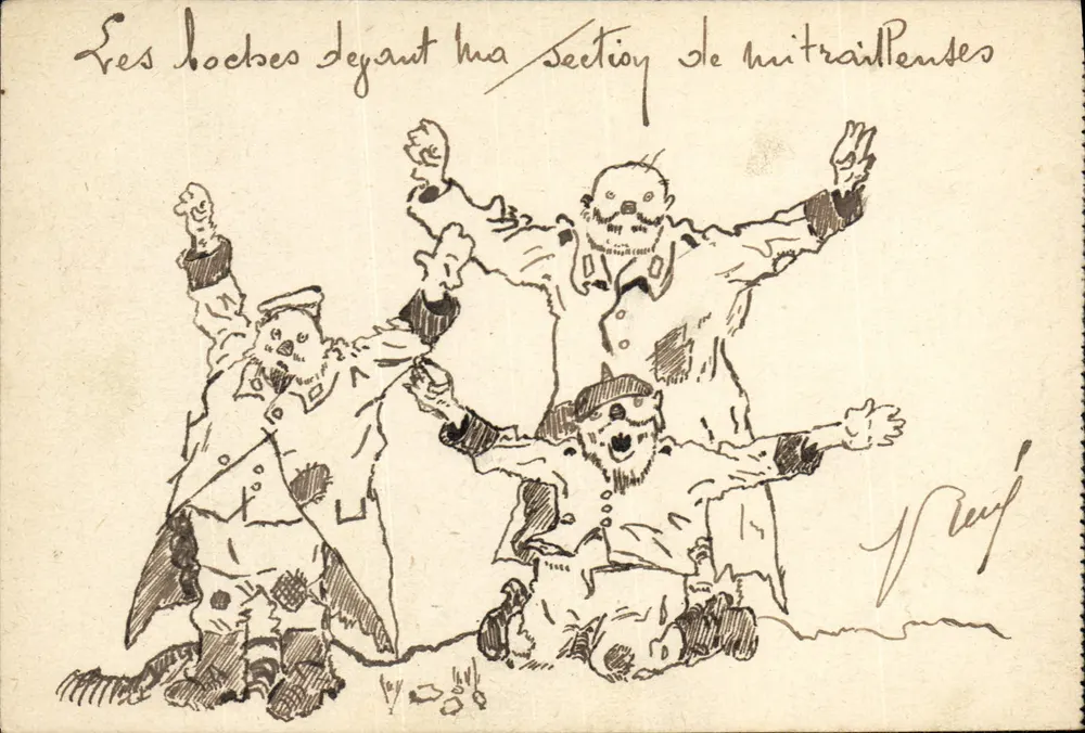 Tres soldados frente a la Sección de ametralladoras — dibujo de V. Reuf - Anverso