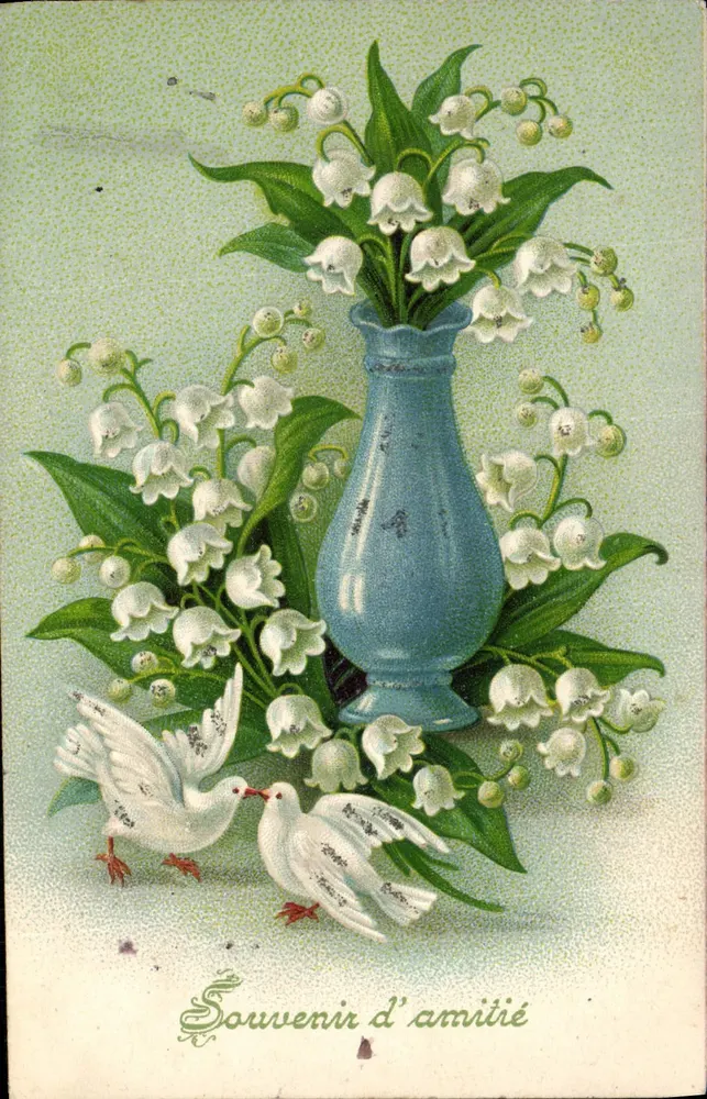 Lilienblüte und Tauben — Erinnerung an Freundschaft — Multisprachige Ansichtskarte - Vorderseite