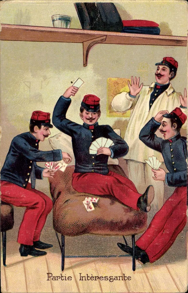 Soldats en tenue — partie de cartes — éditeur anonyme, n° de série non visible - Frente