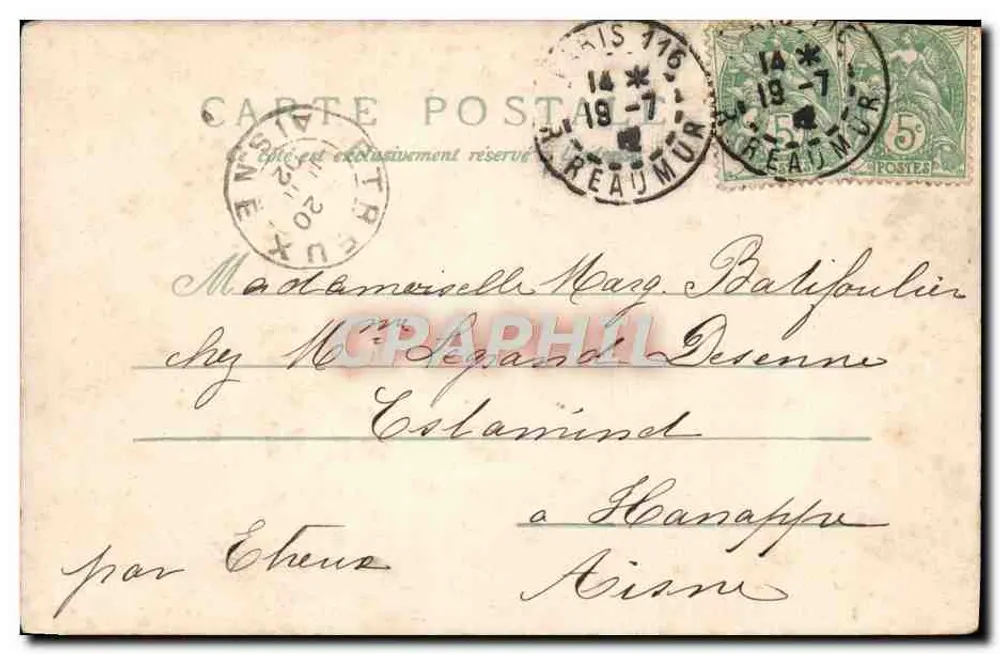 Arranjo de margaridas e pensamentos — editor não visível — datada 19 de julho de 1908 - Verso