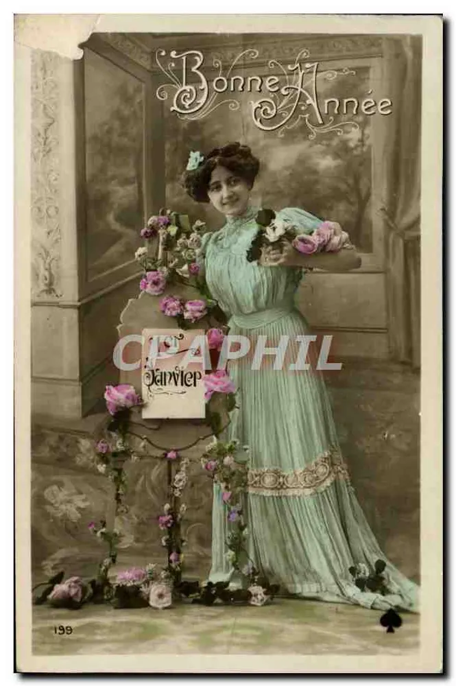 Femme en robe bleu pâle — tenant un bouquet — éditeur Janvier, n° 199 - Recto