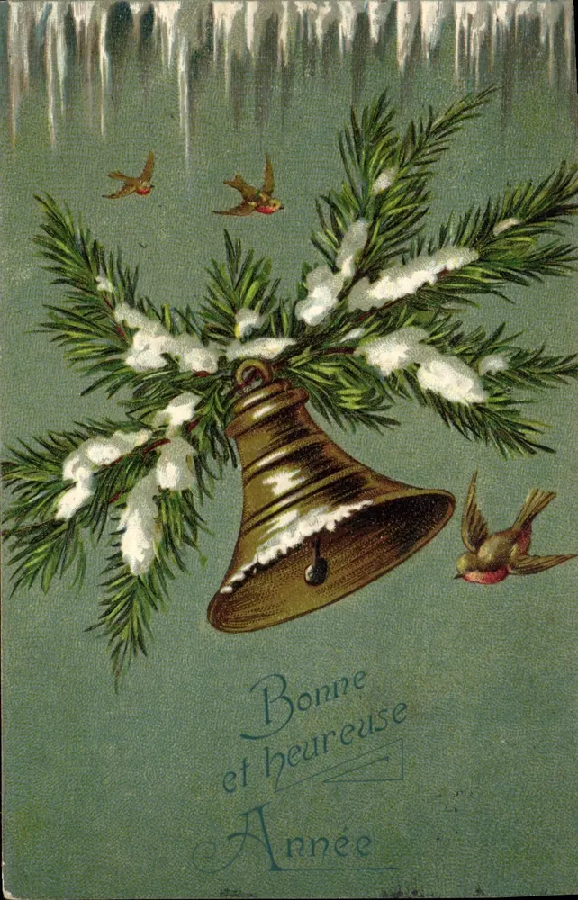 Bonne et heureuse Année — branche de sapin enneigée avec cloche et oiseaux — éditeur imprimeur non identifié - Frente