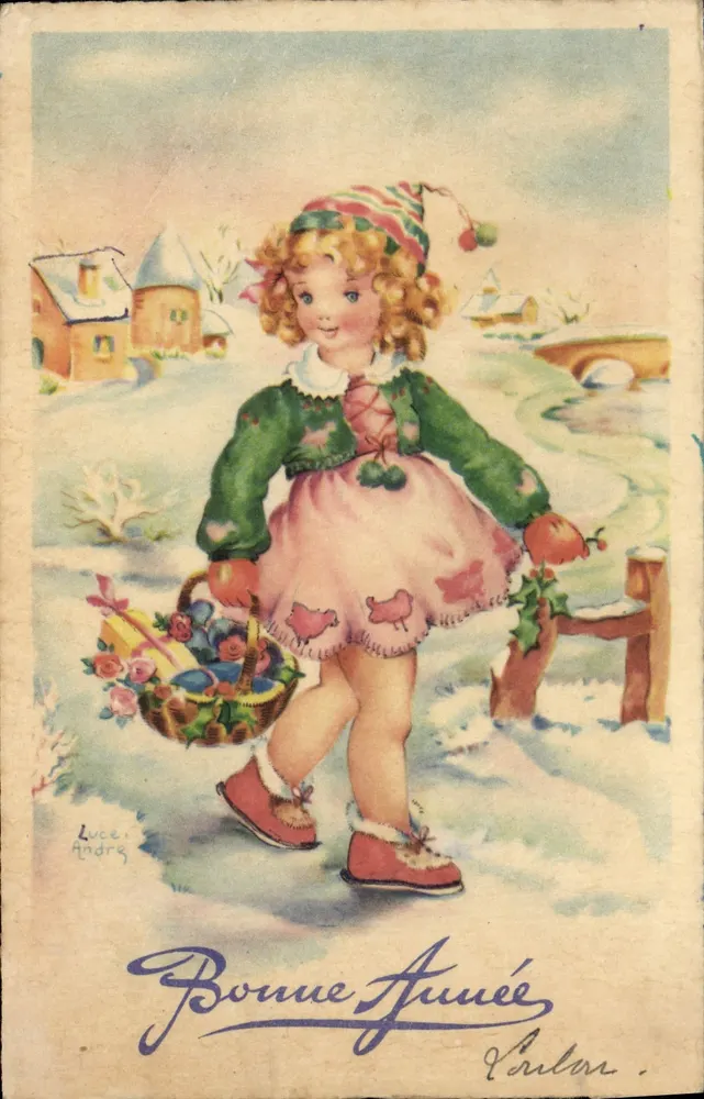 Menina pequena no inverno — Boas Festas — Luce André, Edições Superluxe-Paris - Frente