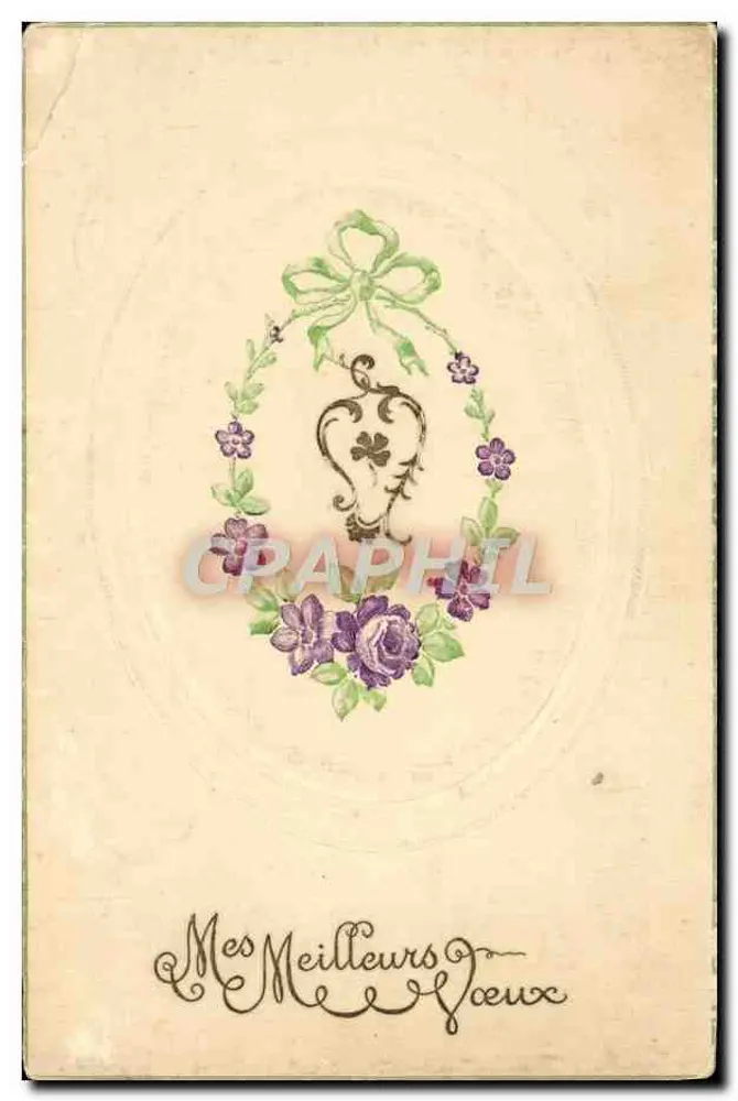 Carte de vœux — décor floral avec nœud vert — éditeur anonyme - Frente
