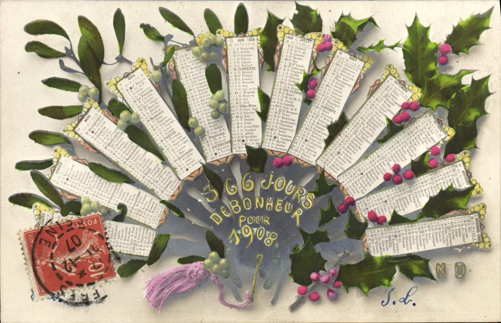366 JOURS DEBONHEUR POUR 1908 — calendário decorado com folhas de hortelã — editor J.D. - Frente