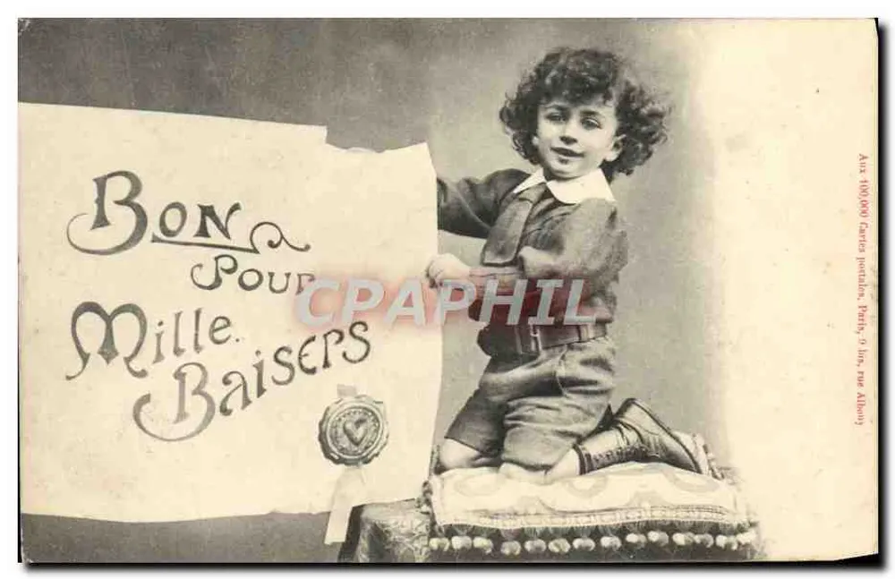 Criança segurando um 'Bilhete para Mil Beijos' — editor Aux 100.000 Cartes Postales, Paris - Frente