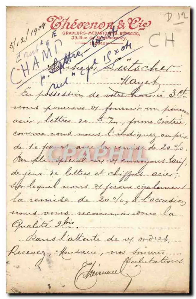 Chambon-sur-Lignon — Carte postale sindical — Chévenon & Cie, Paris - Verso