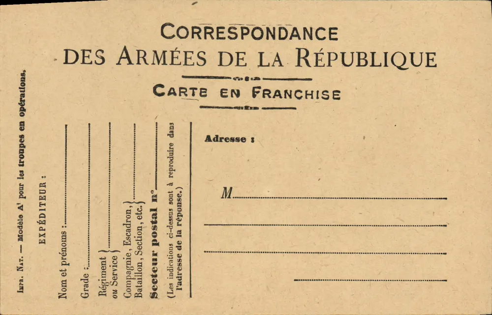 Carta de correspondência das forças da República — Modelo A' — Carta em franquia - Frente