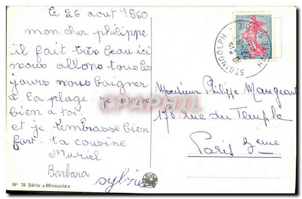 Criança dormindo em uma cama de palha — cena de fazenda alpina — editor HÄNNI, n° 79 da série « Minouvis » - Verso