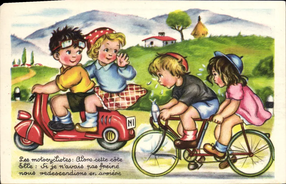 Crianças em scooter e bicicleta — Manosque — Impressão na França - Frente