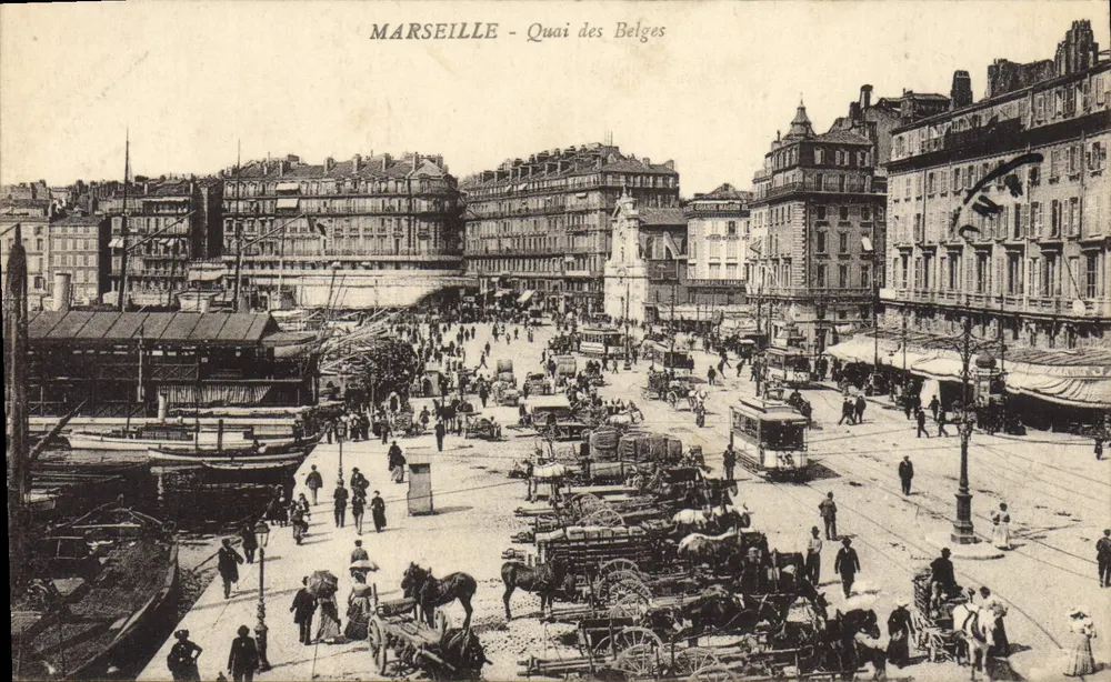 Marselha - Quai dos Belges — vista animada do porto e dos quais, editor não identificado - Frente