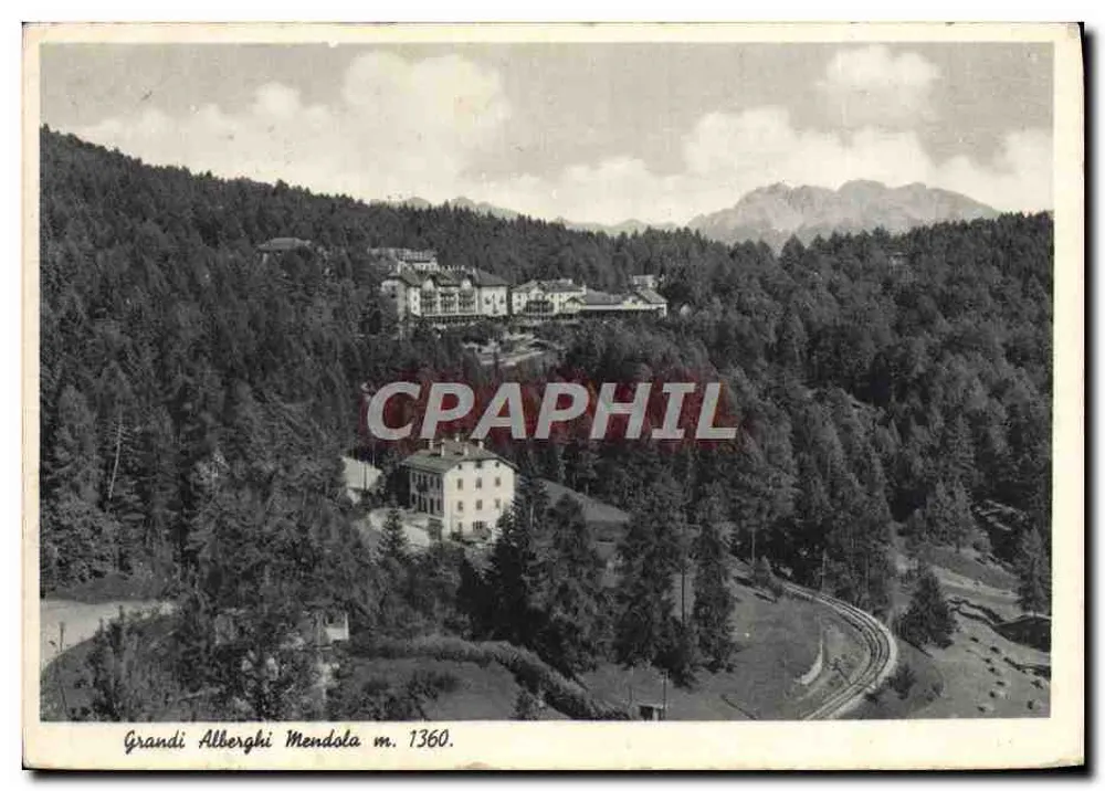 Grandi Alberghi Mendola m. 1360 — vista aérea dos edifícios e da via férrea — editor Cartoleria Giuseppe Bertoldi - Frente