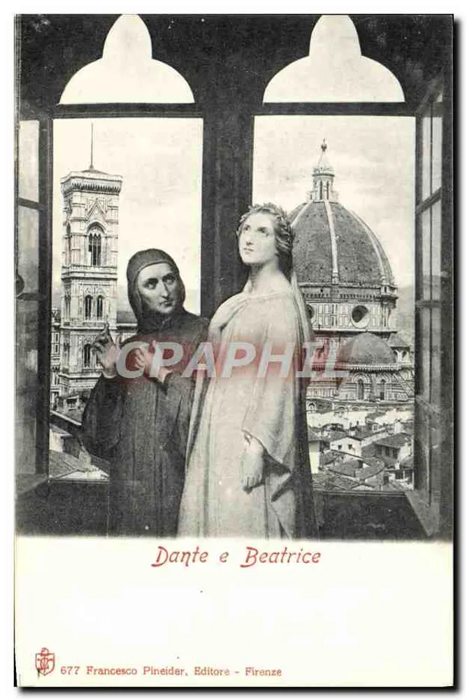 Dante e Béatrice — vista de Florença — Francesco Pinesider, Editor - n° 677 - Frente