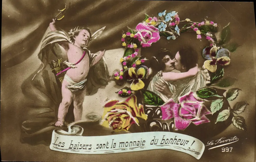 Cupidon und Liebespaar — Küsse sind die Währung der Glückseligkeit! — La Favorite, n° 997 - Vorderseite